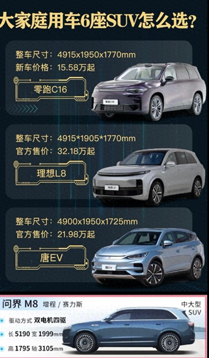 零跑C16、比亞迪唐、理想L8、問界M8誰更適合大家庭？